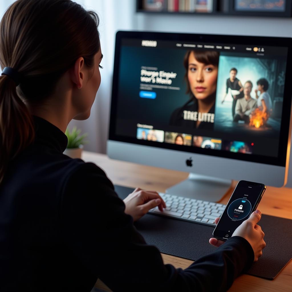 Woman carefully selecting a movie on a streaming website, her phone displaying a VPN app