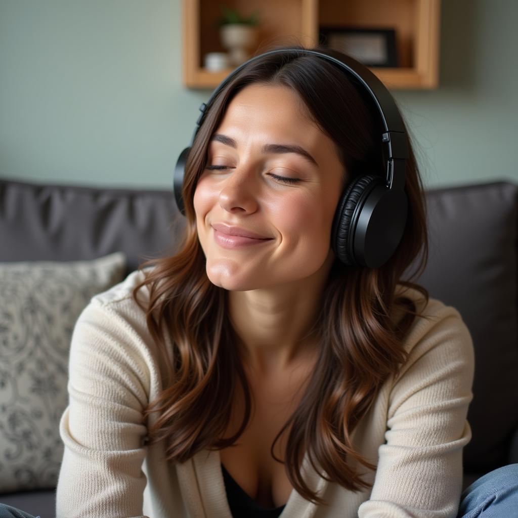 A woman smiling while listening to music on her headphones