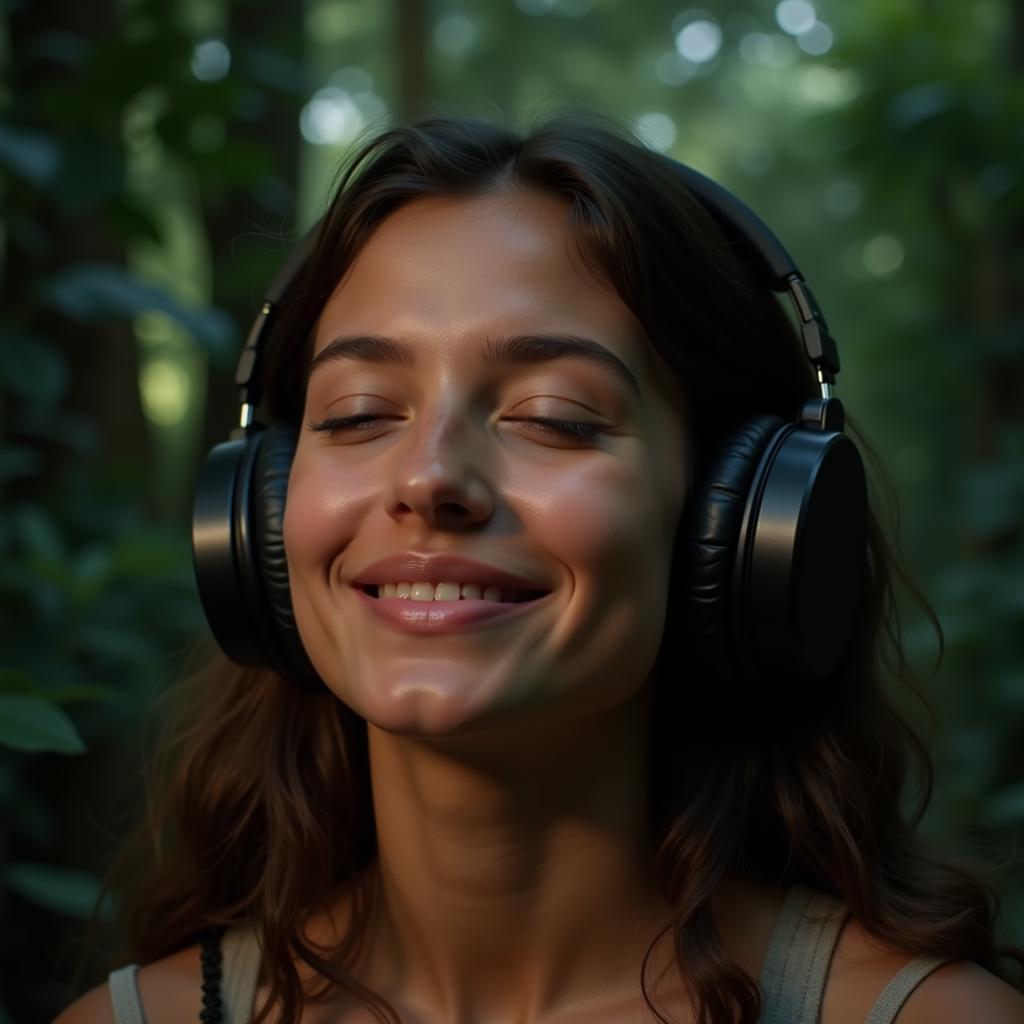 Woman Enjoying Jungle Movie Soundtrack on Headphones