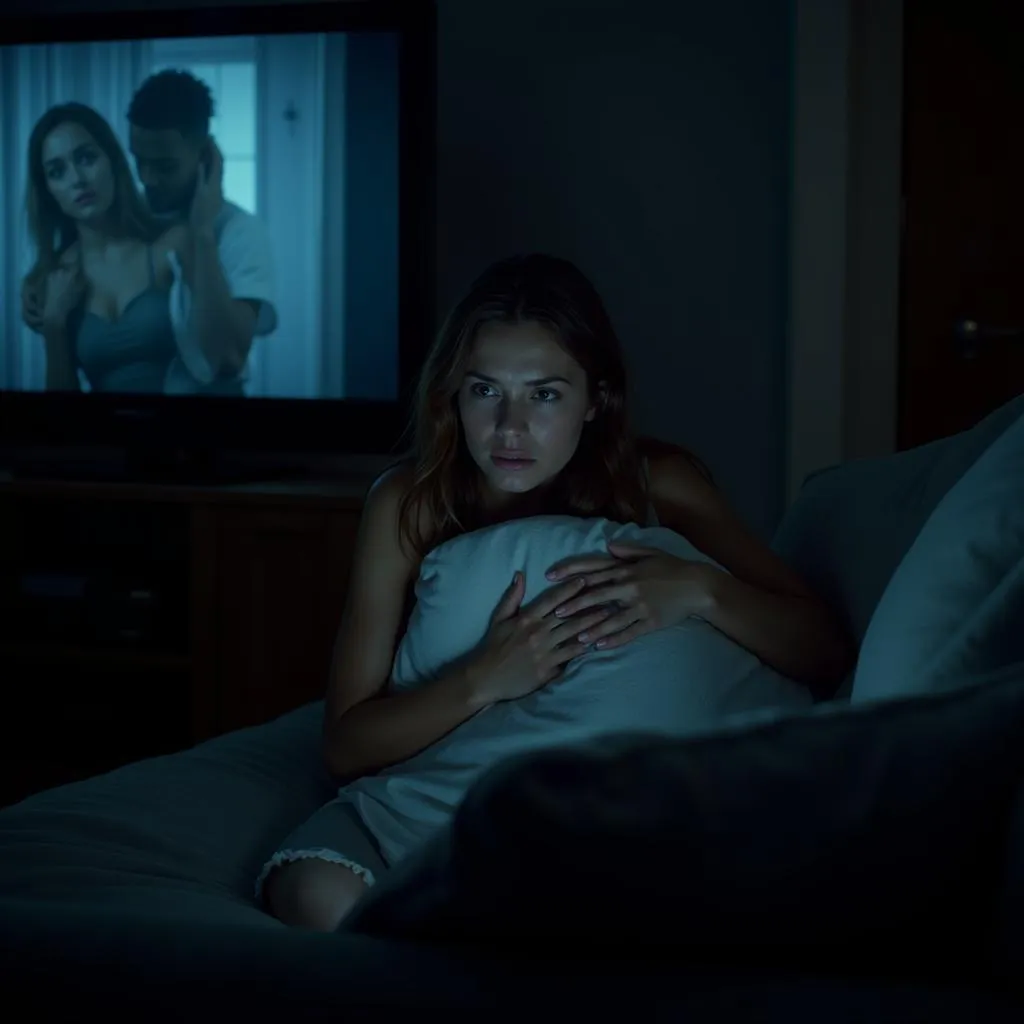 Woman watching horror movie alone