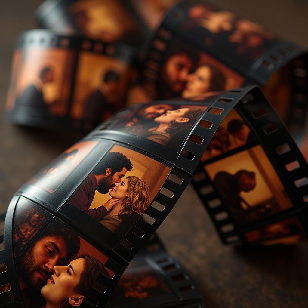 A film reel unrolling with scenes from a romance movie