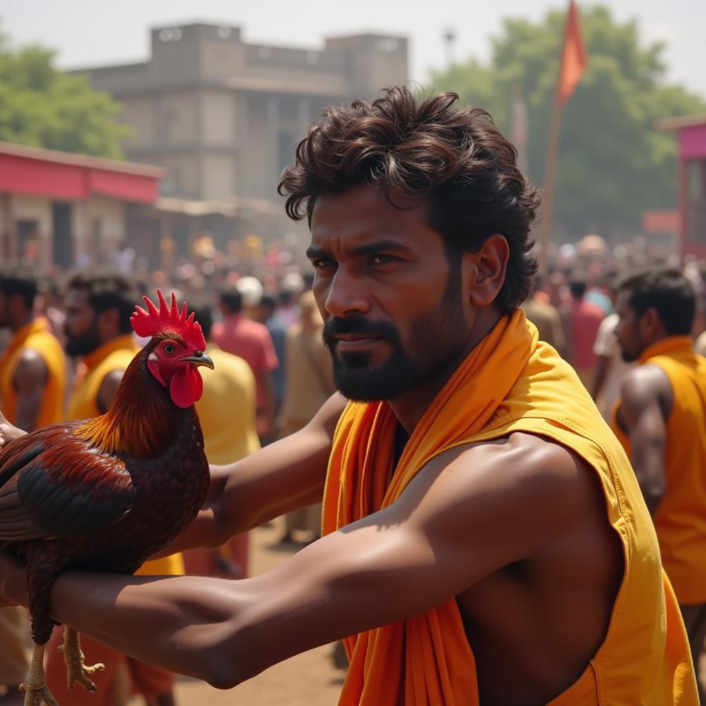 Dhanush as Karuppu in Aadukalam, engaged in a tense rooster fight scene. This image captures the intensity and gritty realism of the film.