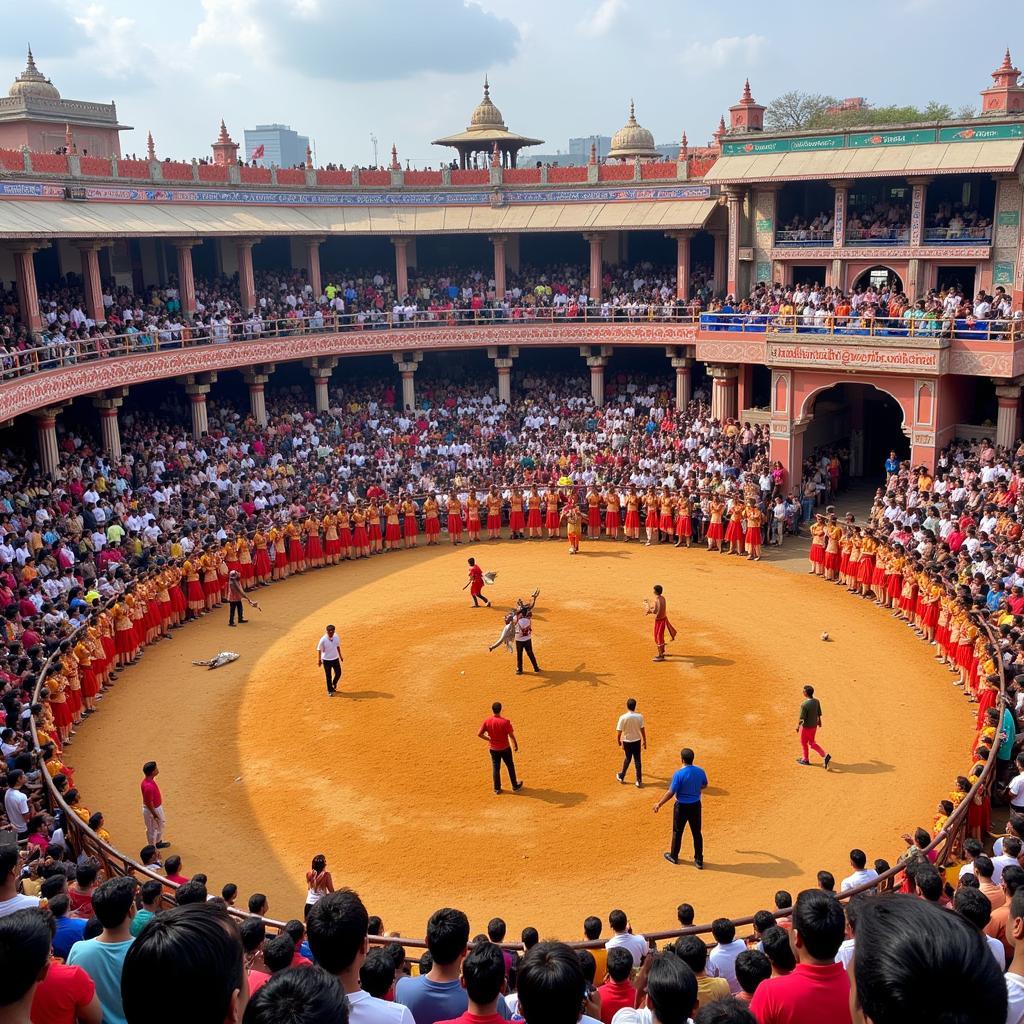 A scene depicting the vibrant culture of Madurai and the importance of rooster fights in Aadukalam. 