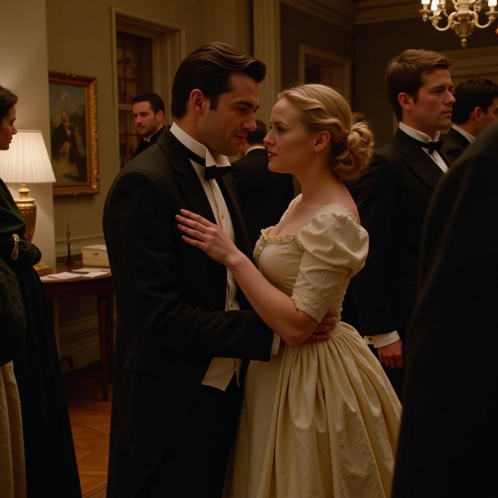 A scene from The Age of Innocence depicting a tense moment between two lovers in a 19th-century New York setting.