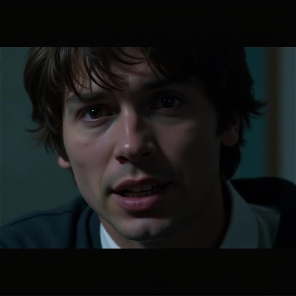 A film still depicting a character experiencing inner conflict