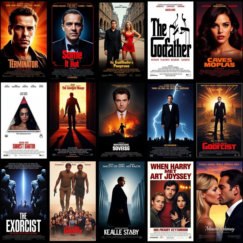 A montage of movie posters representing different genres in American cinema, including action, comedy, drama, horror, sci-fi, and romance.