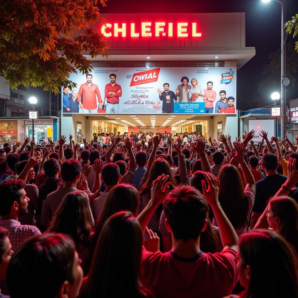 Crowds celebrating a movie release