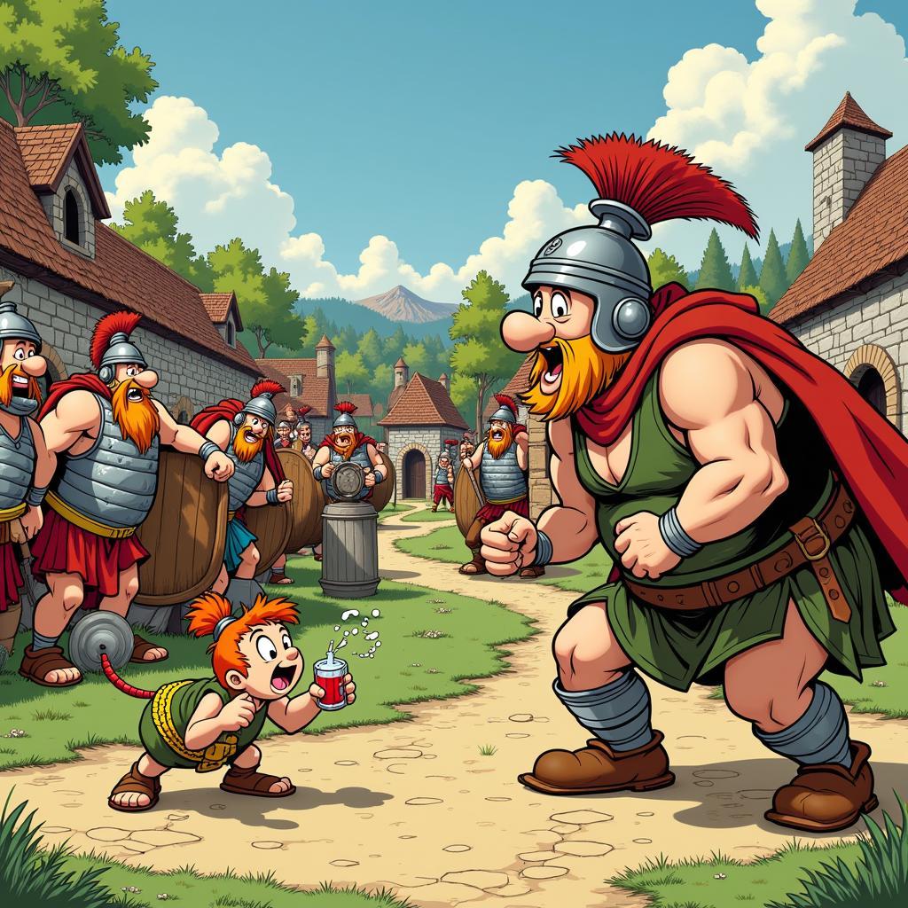 Asterix and Obelix bravely fighting Roman soldiers