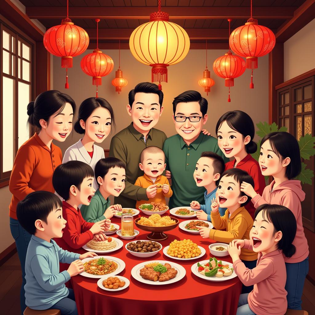 A scene from a Chinese movie showing a family gathering for New Year's celebration