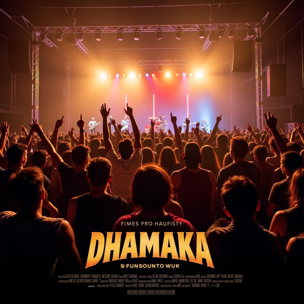 Image of fans enjoying the Dhamaka music at a live concert, waving lights and cheering.