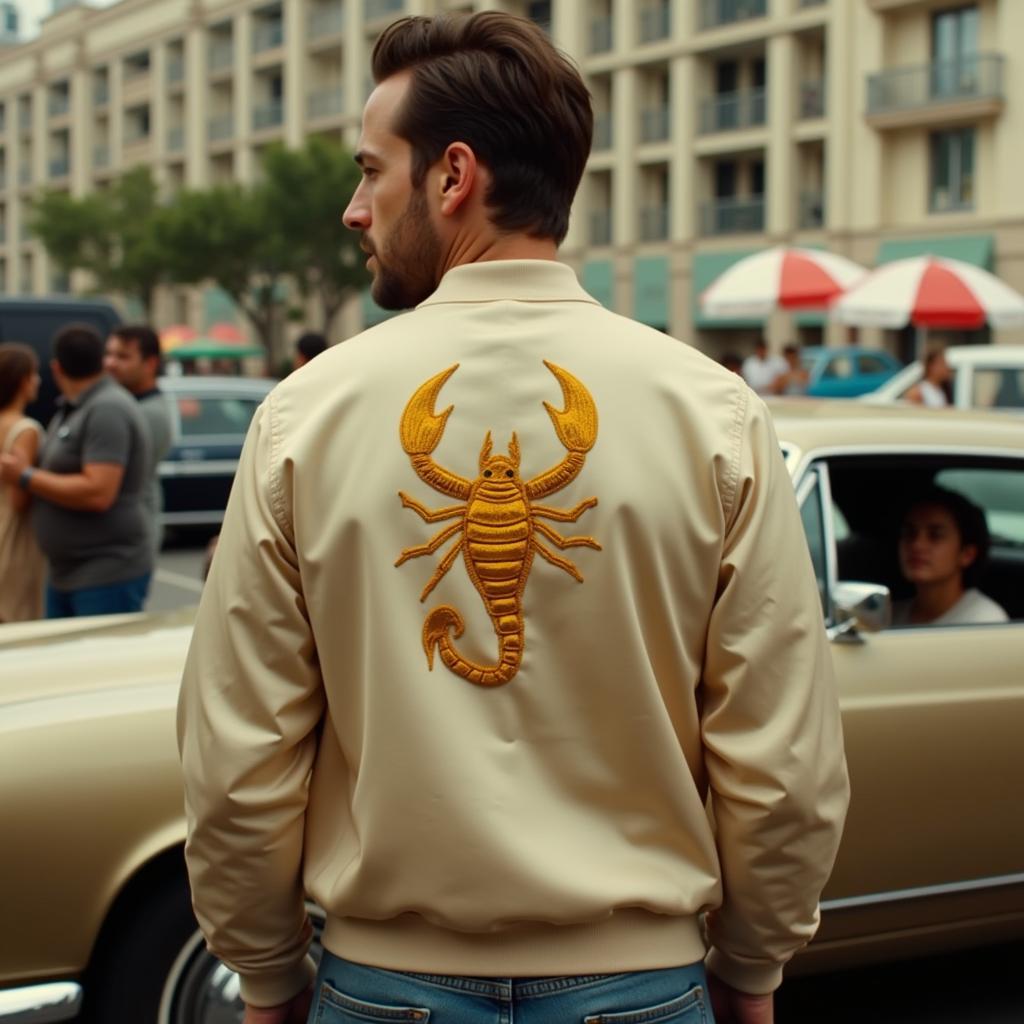 Ryan Gosling wearing the iconic scorpion jacket in the film Drive.