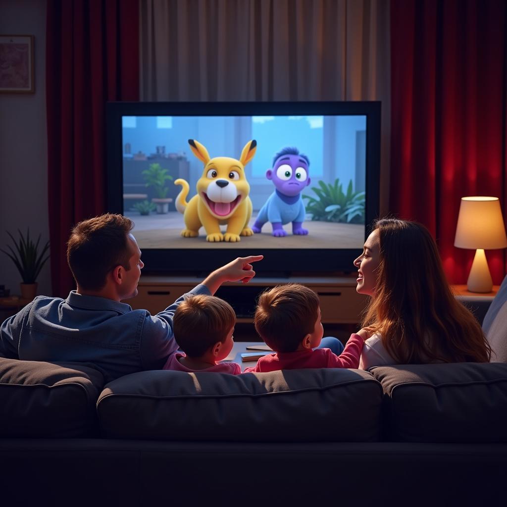 Family enjoying dual audio animated movie