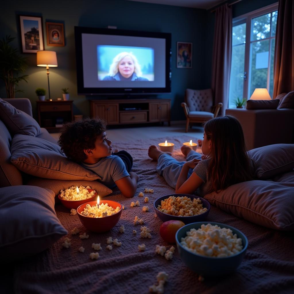 Family movie night with popcorn and snacks.