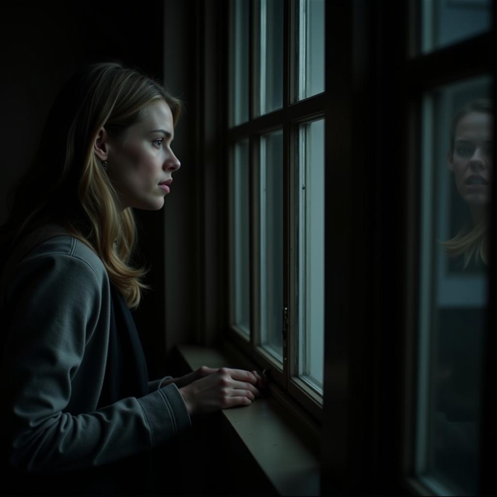 A woman determinedly looking out a window at night