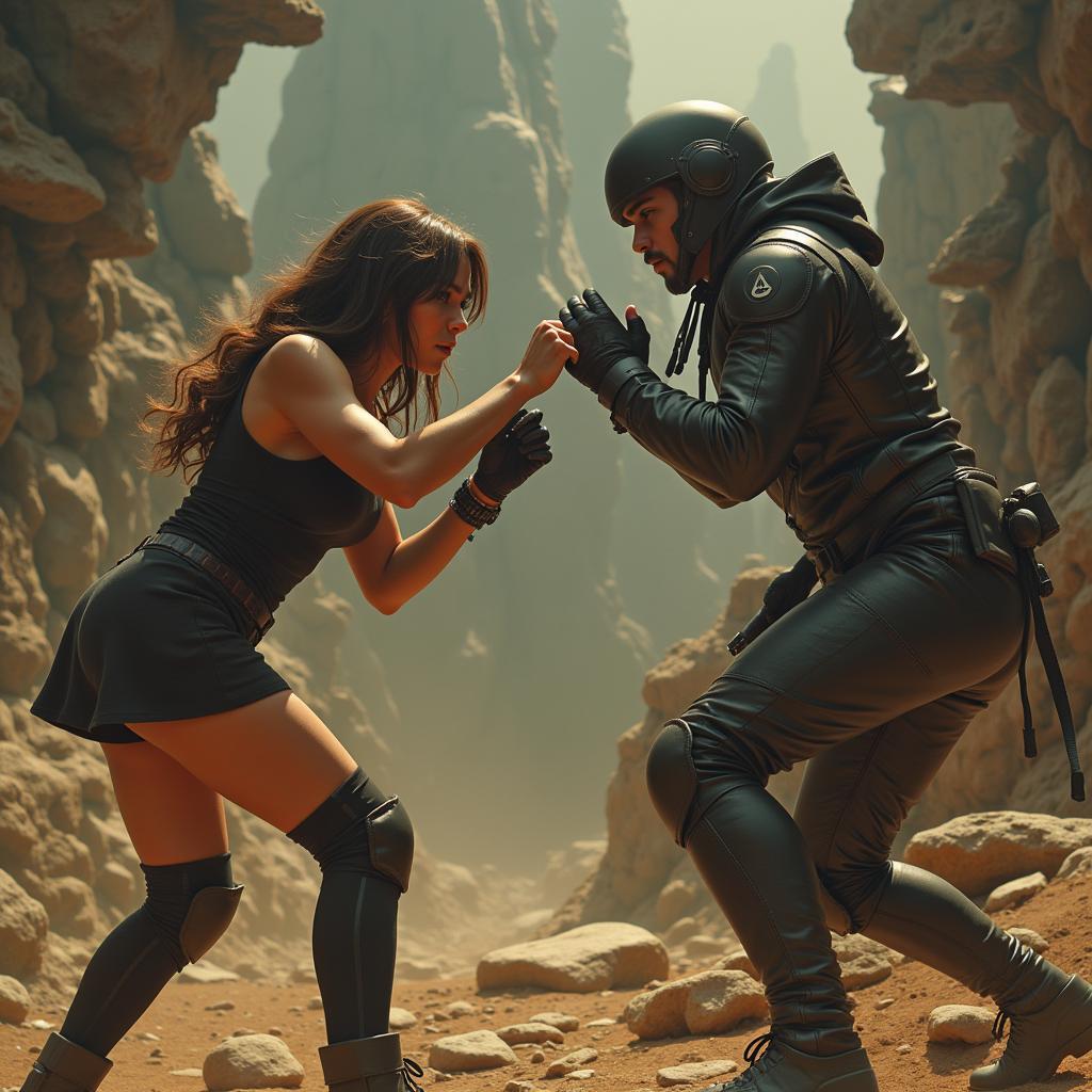 Fight Sex Movie Future Trends: A futuristic scene depicting two characters in a fight sequence, hinting at the potential evolution of the genre.