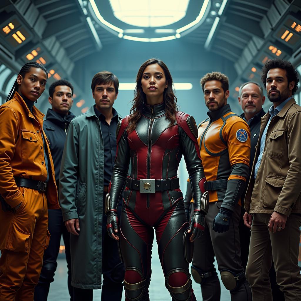 Diverse cast in a futuristic film setting