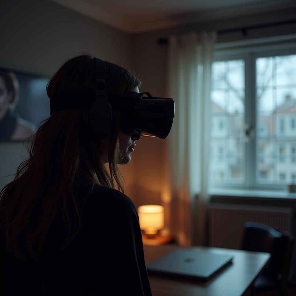 A person wearing a VR headset experiencing a movie