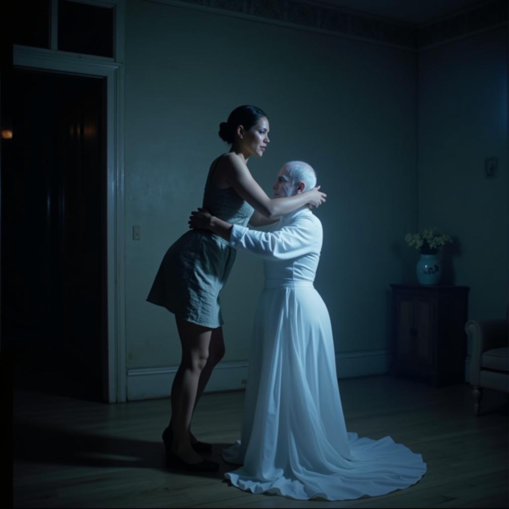 A still from a ghost porn movie depicting a ghostly figure interacting with a performer.