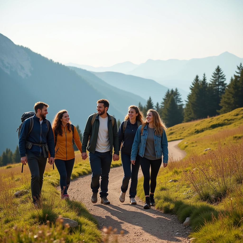 Friends hiking together on a scenic mountain trail