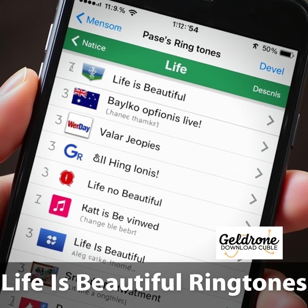 Different ringtone options from Life Is Beautiful displayed on a phone