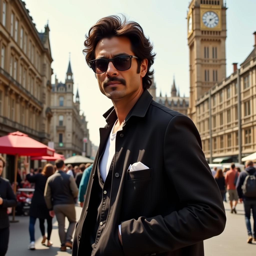 Manmadhudu - Nagarjuna in a stylish pose against a London backdrop