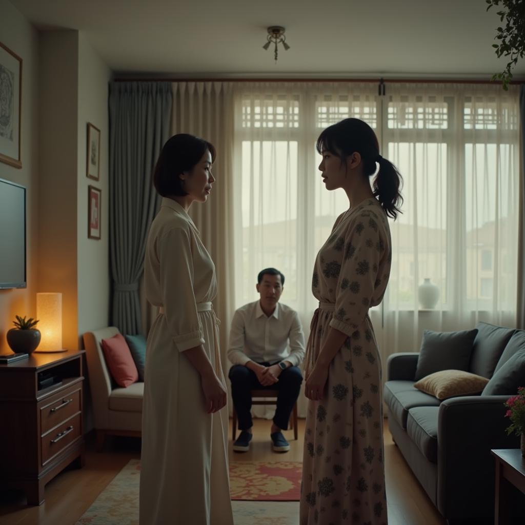 A still from a Chinese movie showing a modern family in their apartment