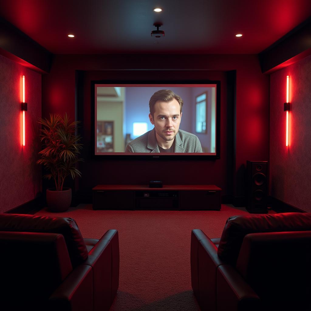 Optimal Movie Download Setup: A cozy living room setting with a large screen TV, soft lighting, and comfortable seating, perfect for enjoying a downloaded movie.