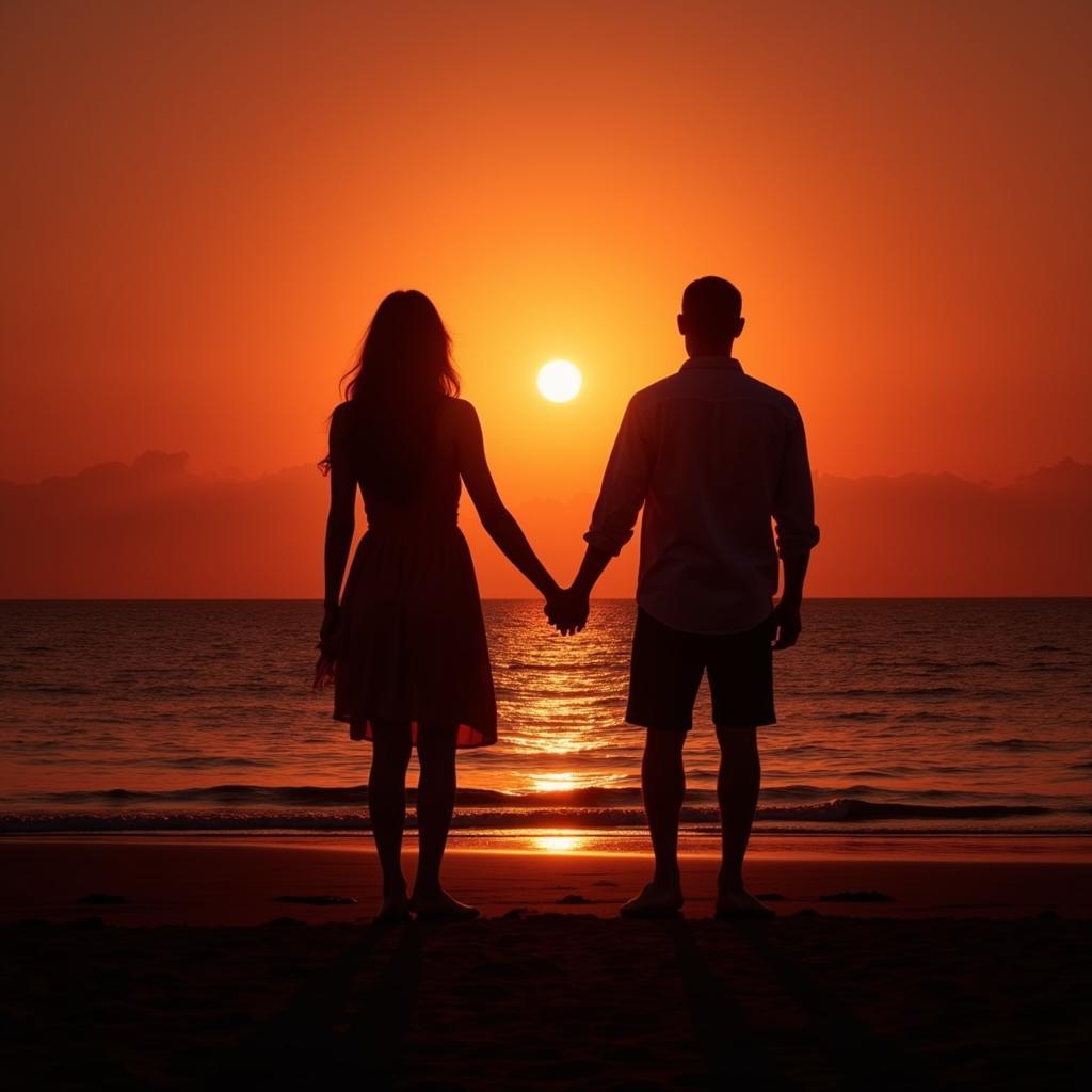 Romantic Couple Watching Sunset on Beach