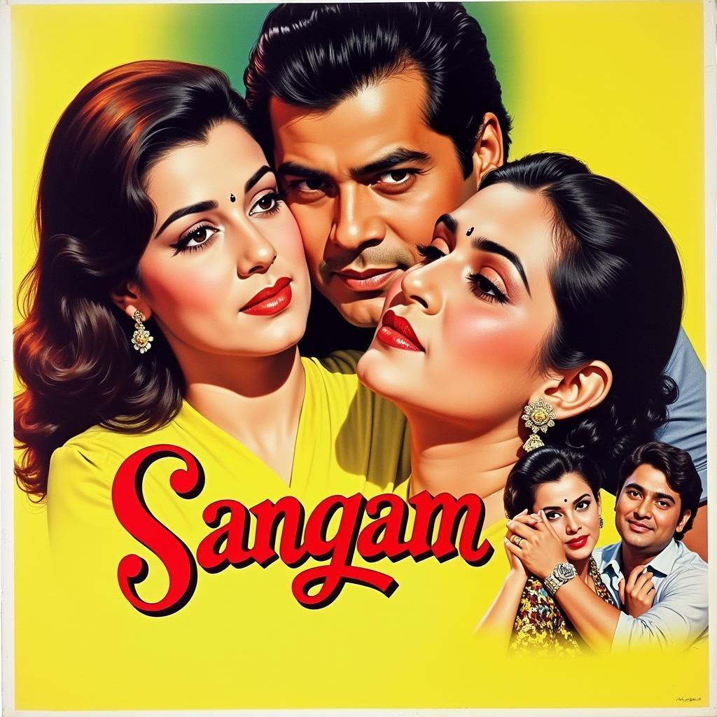 Vintage Bollywood poster of Sangam movie featuring the main cast.