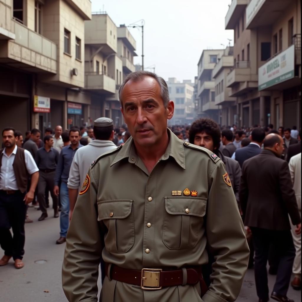 Gene Hackman in Sirocco (1987) amidst the bustling streets of Damascus.