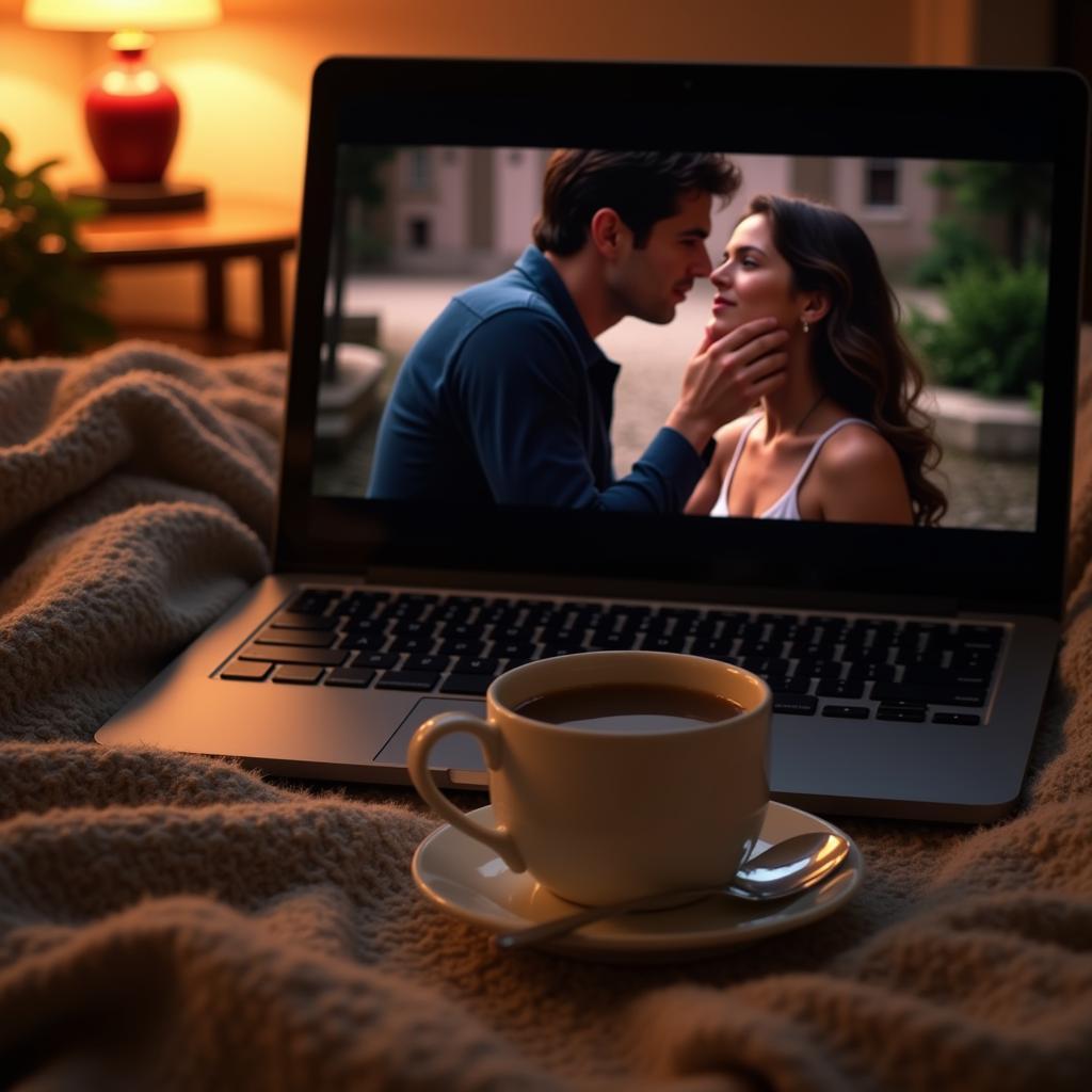 Streaming a romantic movie on a laptop