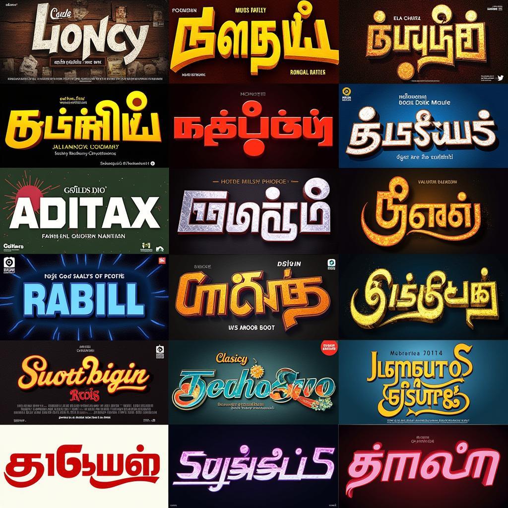 A collection of various Tamil movie title PNG images showcasing different design styles and typography.