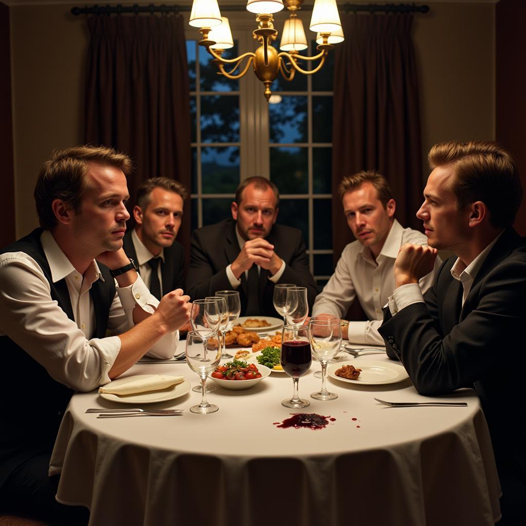 A tense dinner party scene, illustrating the psychological thriller aspect of movies like The Invitation.