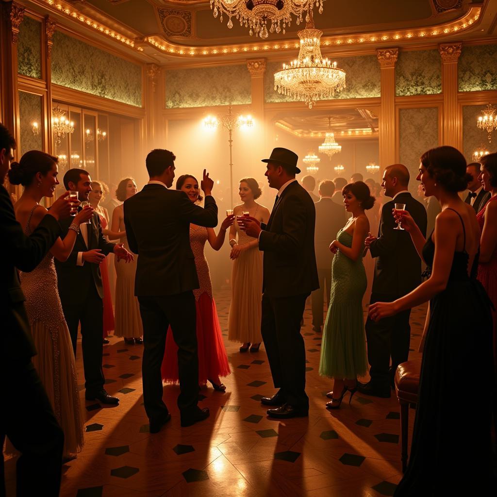 A lavish party scene reminiscent of The Great Gatsby, filled with flapper dresses, jazz music, and champagne glasses.