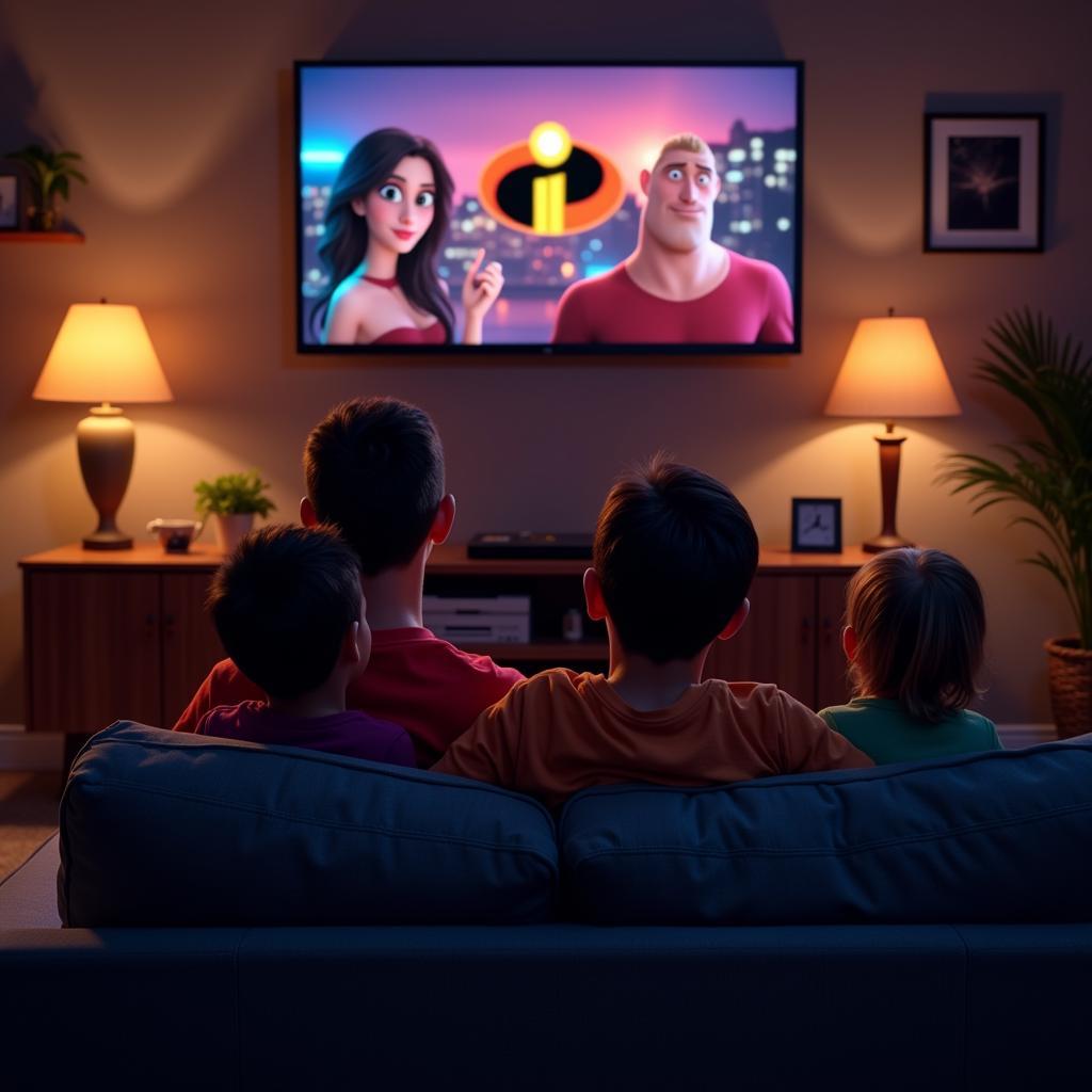 The Incredibles family enjoying movie night together