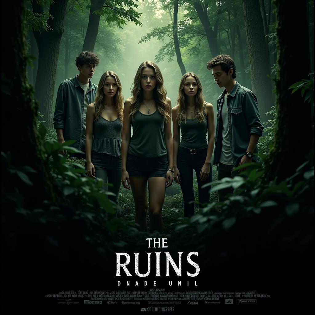 The Ruins movie poster depicting a group of friends in a jungle setting, hinting at a lurking horror.