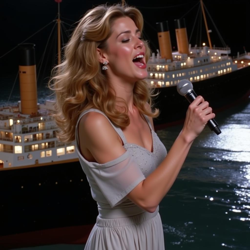 Titanic Movie - Celine Dion - My Heart Will Go On: Celine Dion holding a microphone, passionately singing, with a backdrop of the Titanic ship.