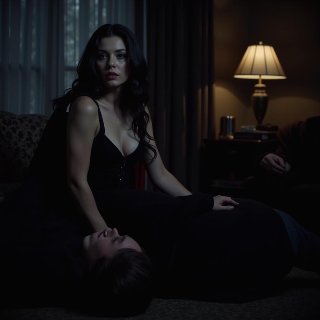 A scene from a vampire porn movie featuring a seductive vampire and their enthralled victim.