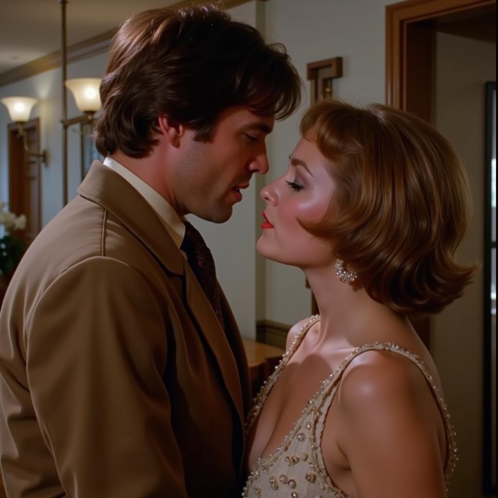 Vintage HD Sex Movie Scene: A couple in 1970s attire engage in an intimate scene, showcasing the characteristic film grain and softer lighting of the era.