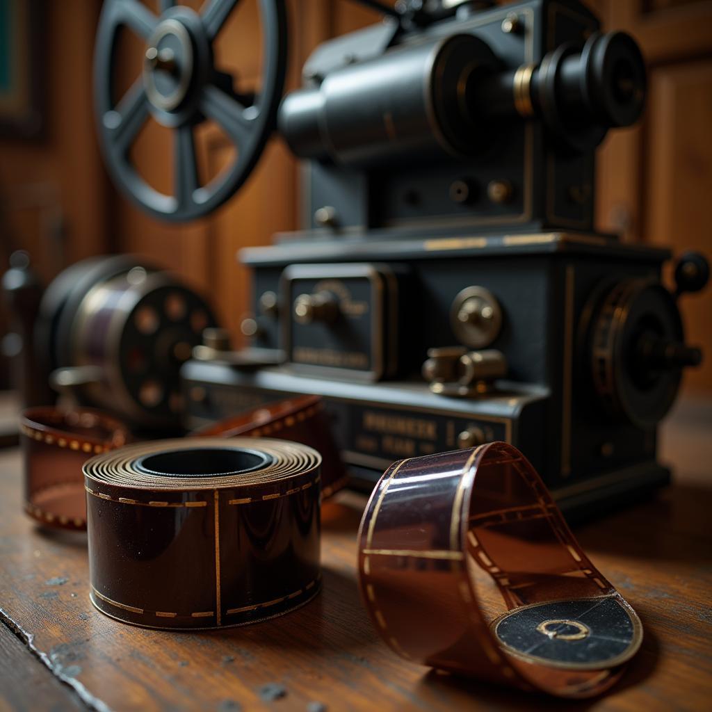 A vintage film reel and projector, symbolizing the preservation and viewing of vintage porn.