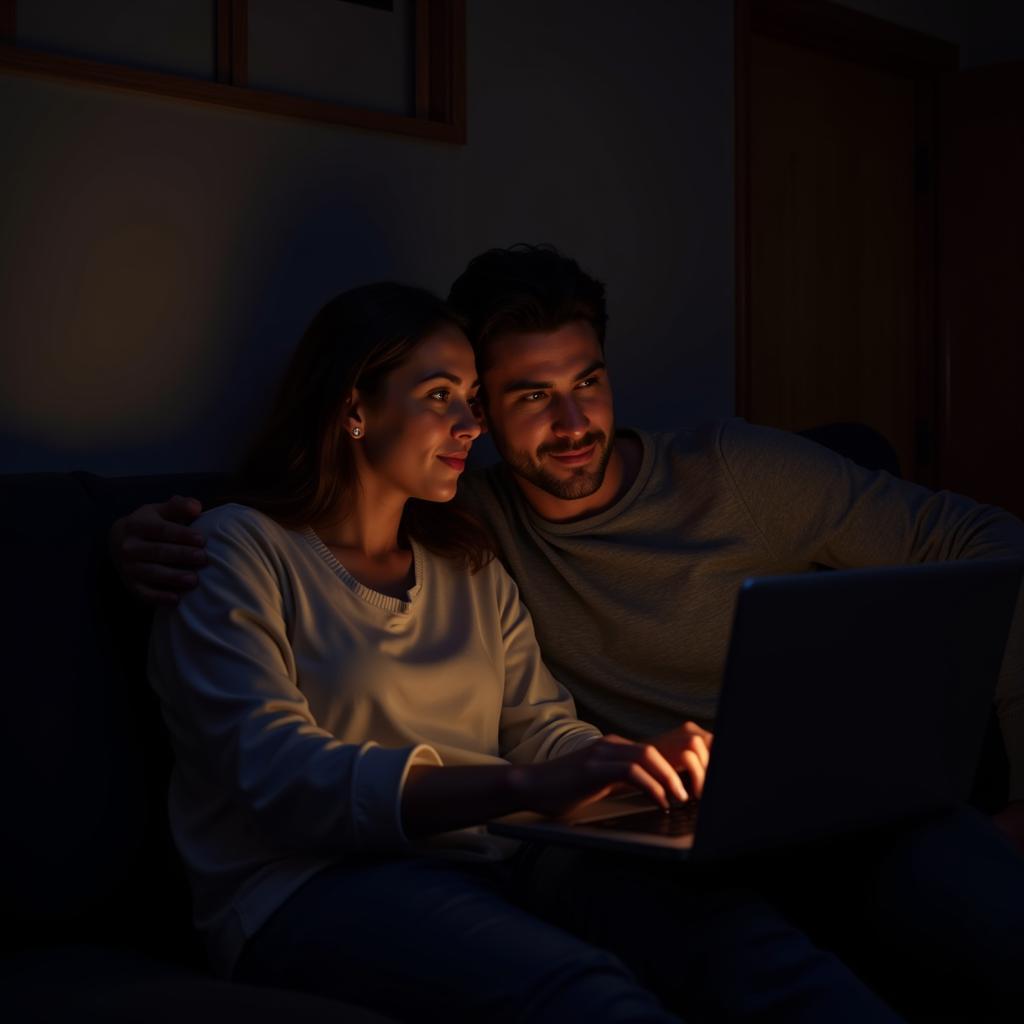 Couple watching softcore movies online on a laptop.