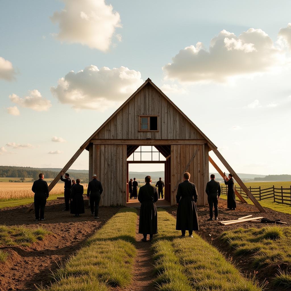 The Amish community coming together in a barn-raising scene in Witness