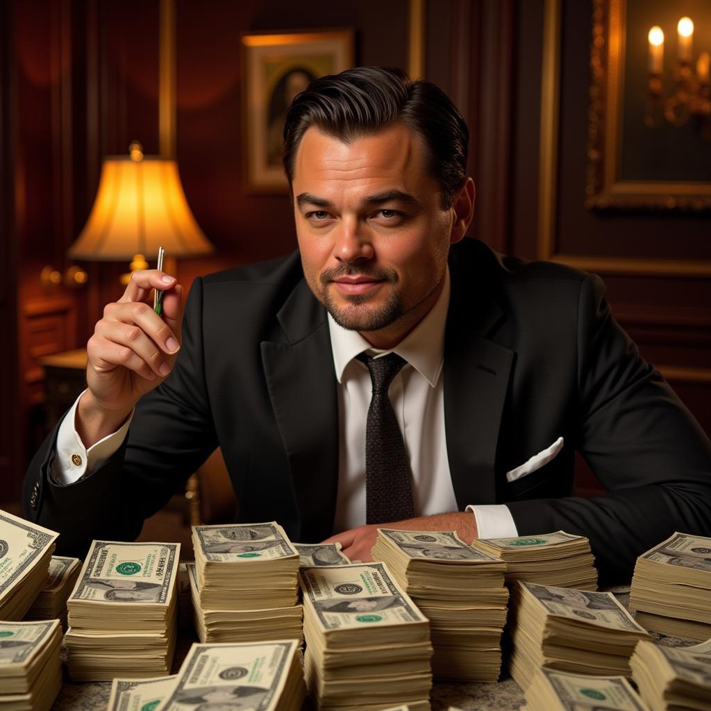 Jordan Belfort surrounded by money in The Wolf of Wall Street