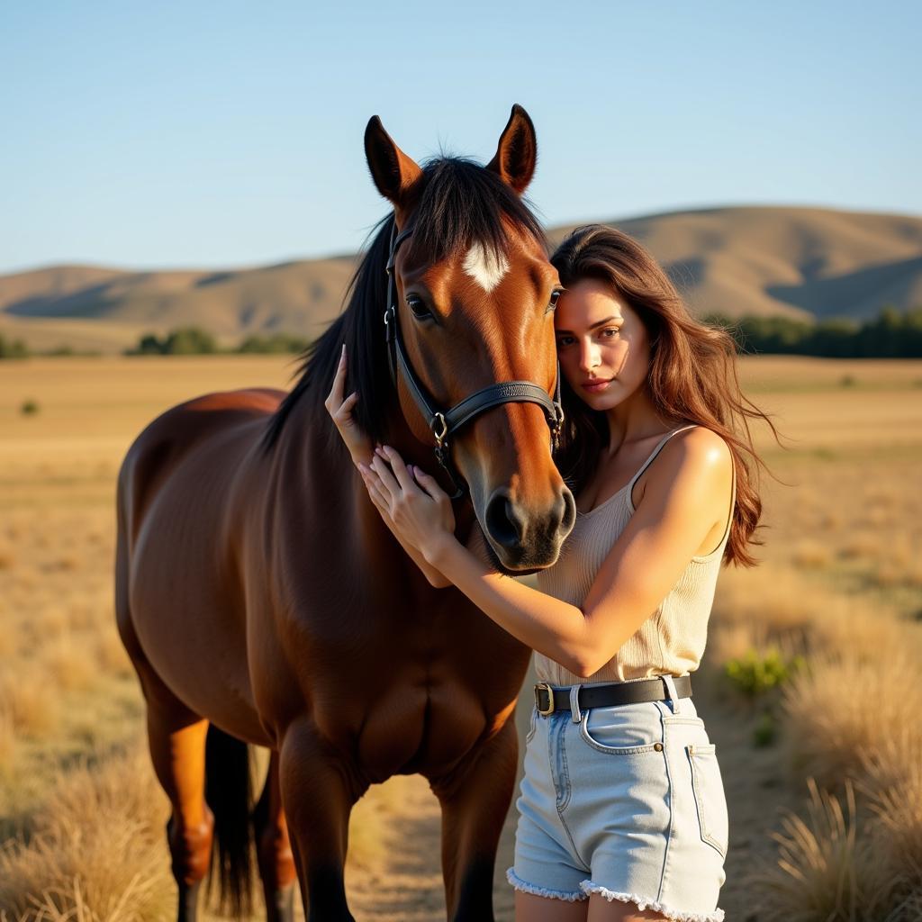 Woman Hugging a Horse in a Field