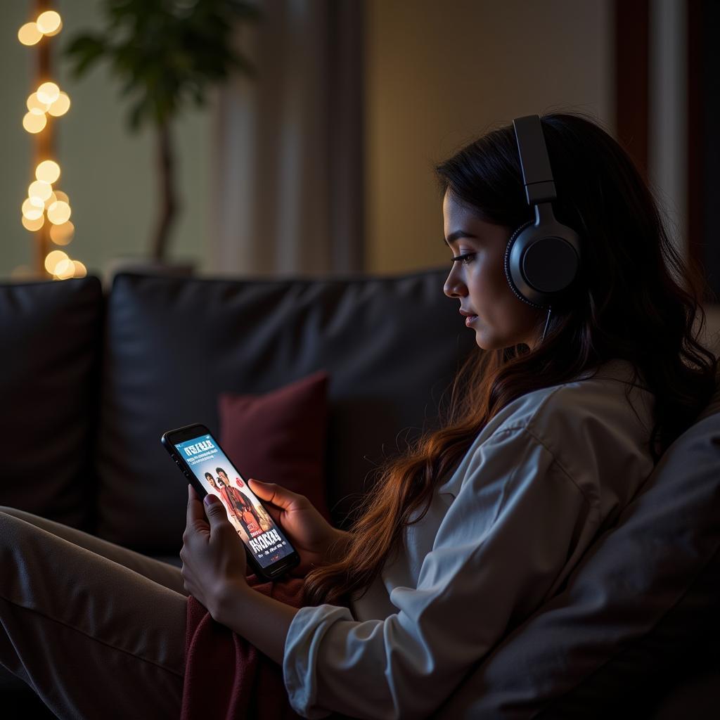 Woman Enjoying a Dubbed Tamil Movie on Her Phone