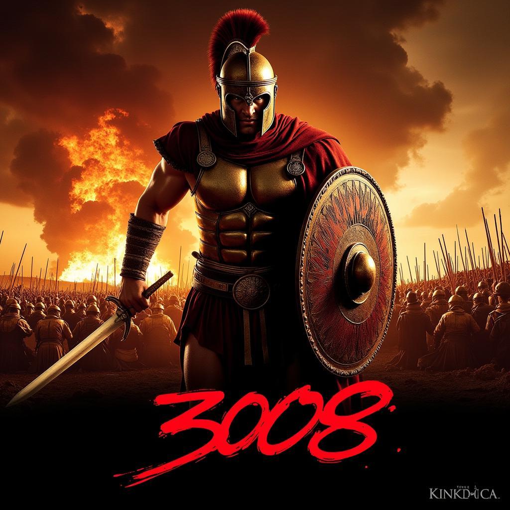 Movie poster of "300" highlighting its stylized depiction of Spartan warriors.