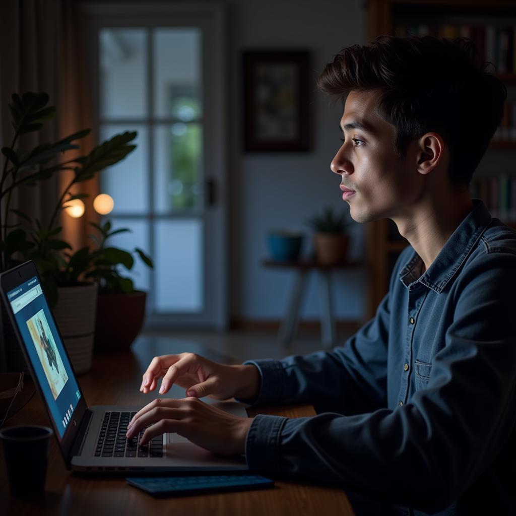 A person searching for animal movies on their laptop, with search terms related to Movierulz and Tamilrockers displayed on the screen.