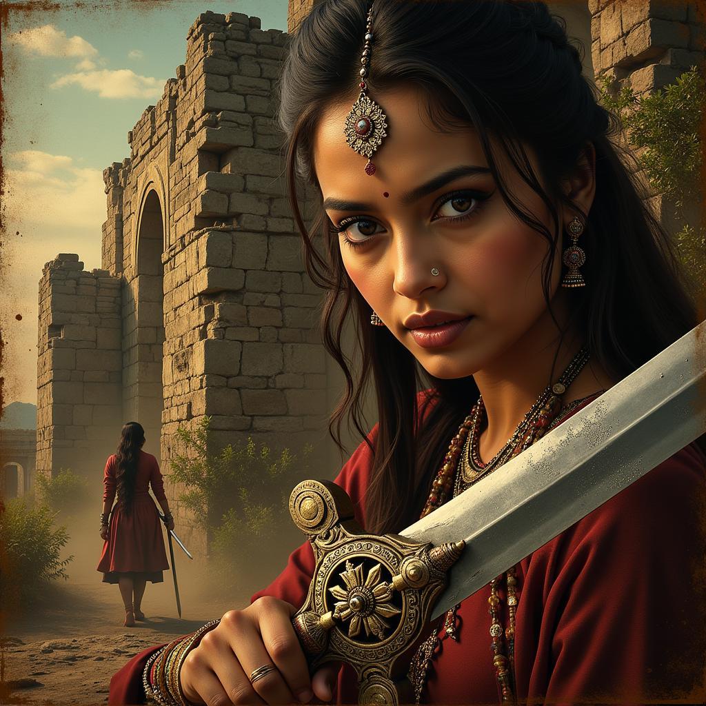 Close-up of the Arundhati poster highlighting symbolic elements such as the weapon, the background ruins, and Anushka Shetty's expression.