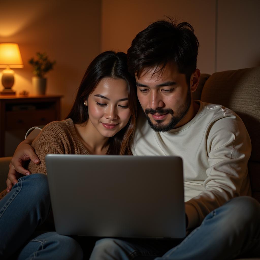 A couple embracing while watching a movie on a laptop.