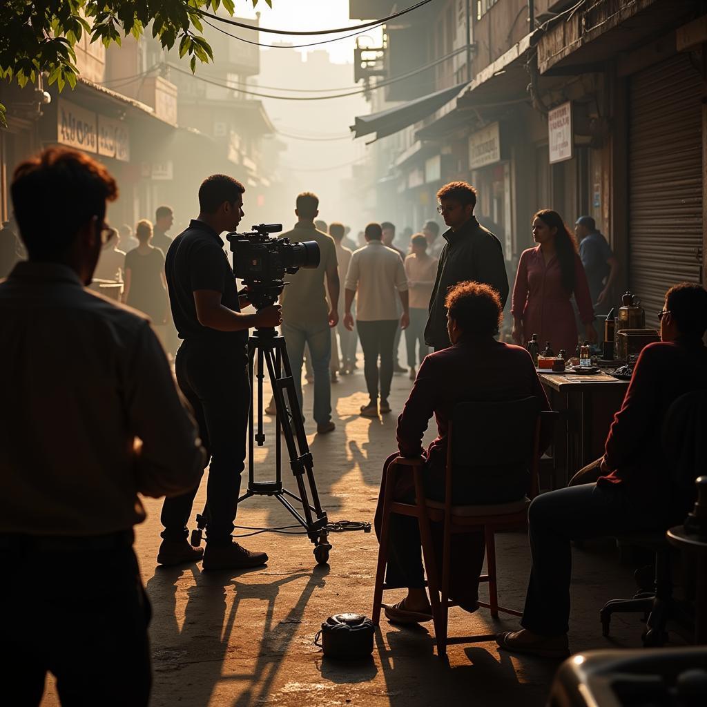 A behind-the-scenes look at a Bollywood film production crew.